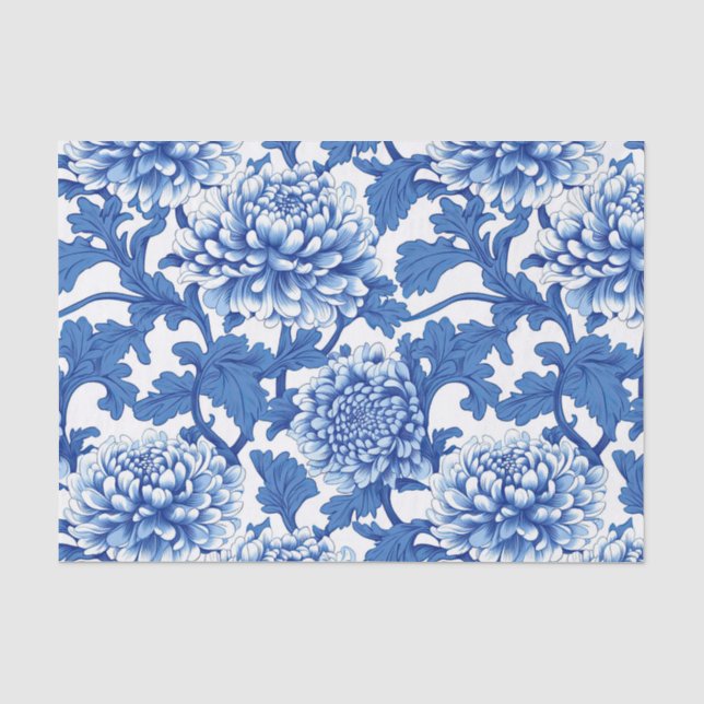 Blue and White Peony Chinoiserie Floral Tissue Paper (Front)
