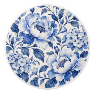Blue and White Peony Floral Drawer Knob