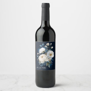 Blue and White Peony Floral Wedding Thank You Wine Label