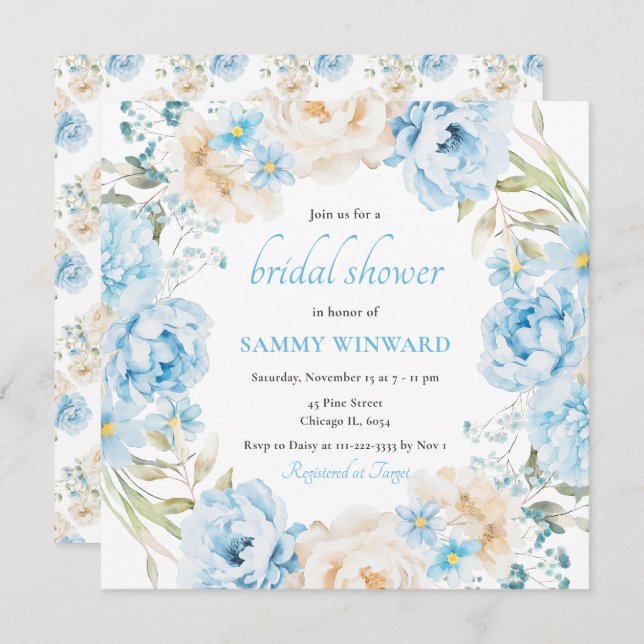 Blue and White Peony Flowers Bridal Shower Invitation (Front/Back)