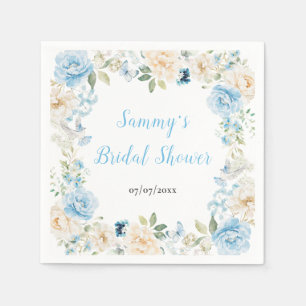 Blue and White Peony Flowers Bridal Shower Napkin