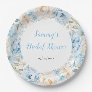 Blue and White Peony Flowers Bridal Shower Paper Plate