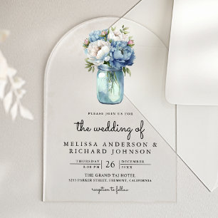 Blue and White Peony Mason Jar Wedding Acrylic Invitations