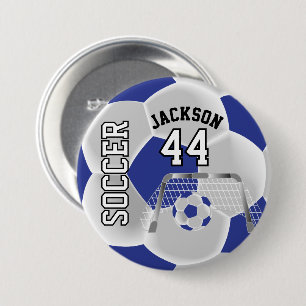 Blue and White Personalize Soccer Ball 3 Inch Round Button