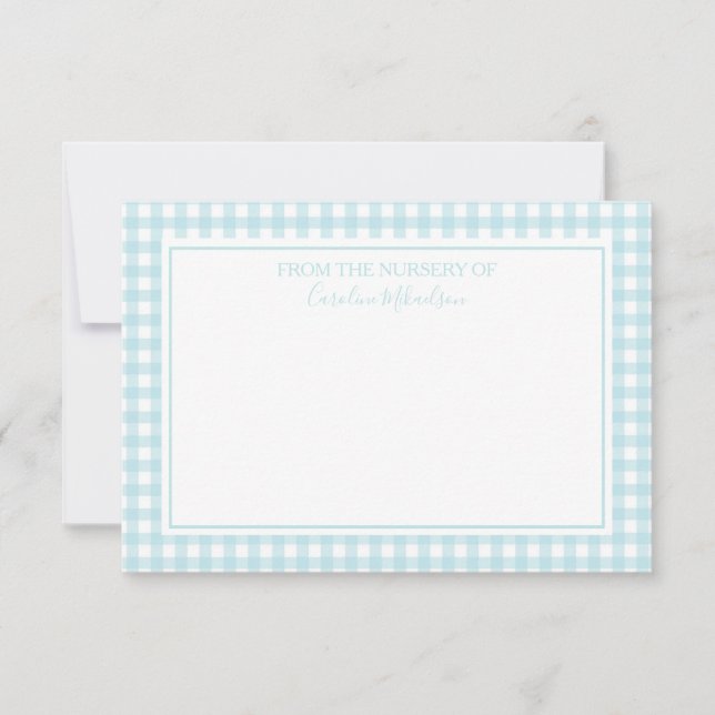 Blue and White Personalized Gingham Pattern Thank You Card (Front)