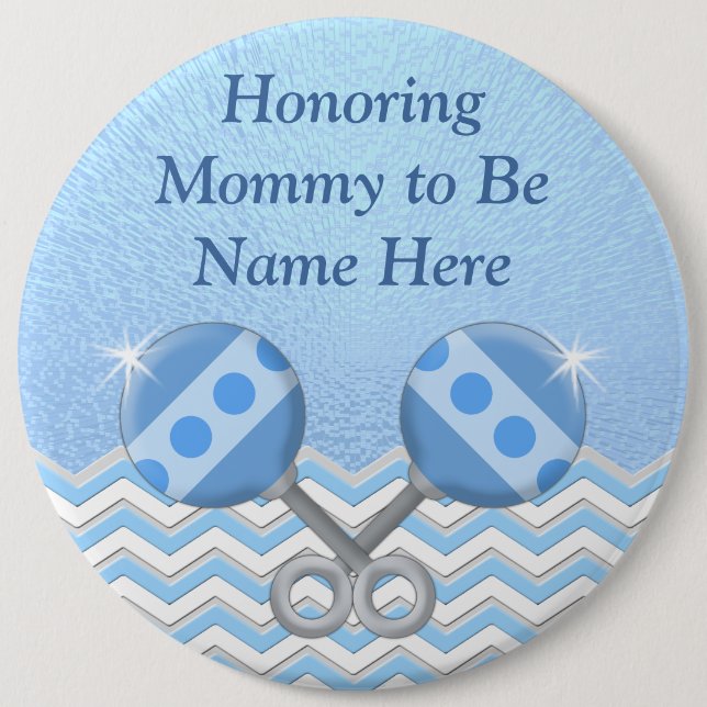 Blue and White Personalized Mommy to Be Button Pin (Front)