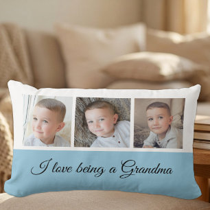 Blue and white photo collage for Grandma Lumbar Pillow