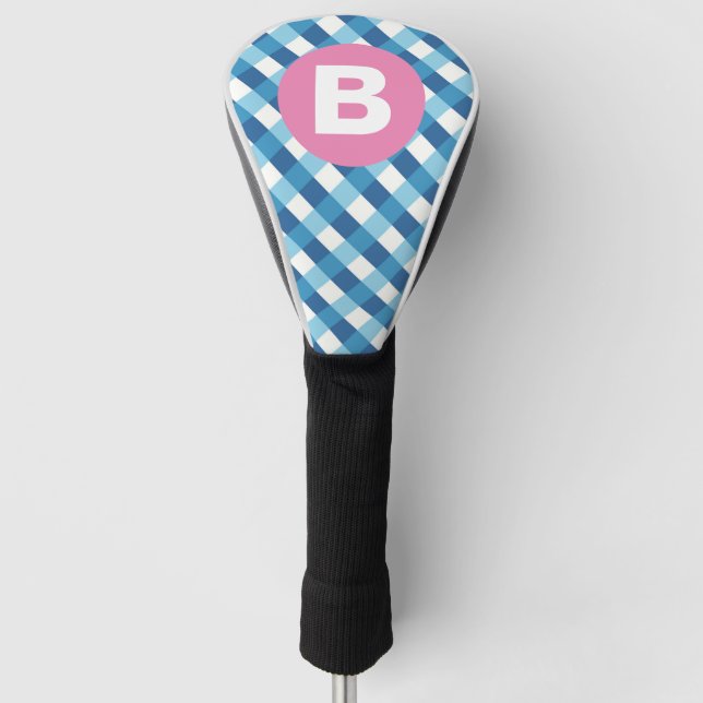 Blue and White Plaid Checked Pink Monogram Golf Head Cover (Front)