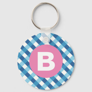 Blue and White Plaid Checked Pink Monogram Keychain