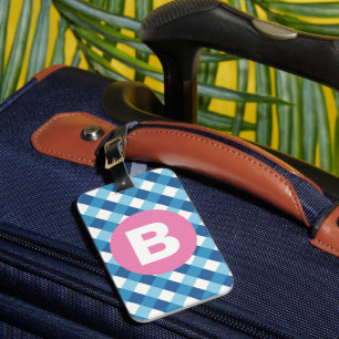 Blue and White Plaid Checked Pink Monogram Luggage Tag