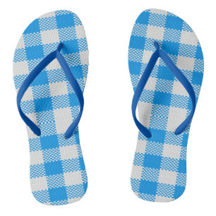 Blue and white plaid flip flops