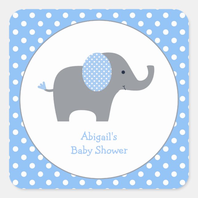  Blue and White Polka Dot Elephant Baby Shower Squ Square Sticker (Front)