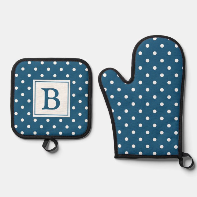Blue and White Polka Dot Monogram Oven Mitt & Pot Holder Set (Front)