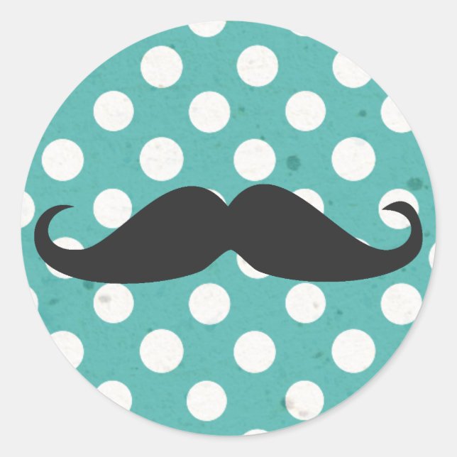 Blue and White Polka Dot Moustache Classic Round Sticker (Front)