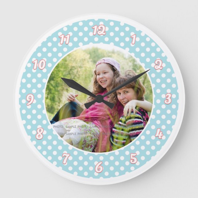 Blue and White Polka Dot Personalized Photo Large Clock (Front)