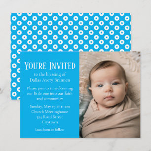 Blue and White Polka-dot Photo Baby Blessing Invitation