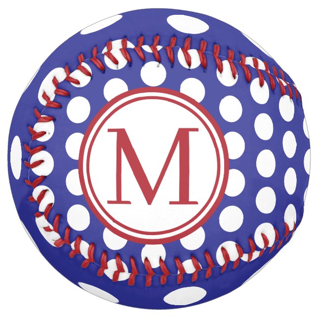 Blue and White Polka Dot With Red Monogram Softball (Front Left)