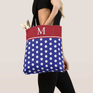 Blue and White Polka Dot With Red Monogram Tote Bag