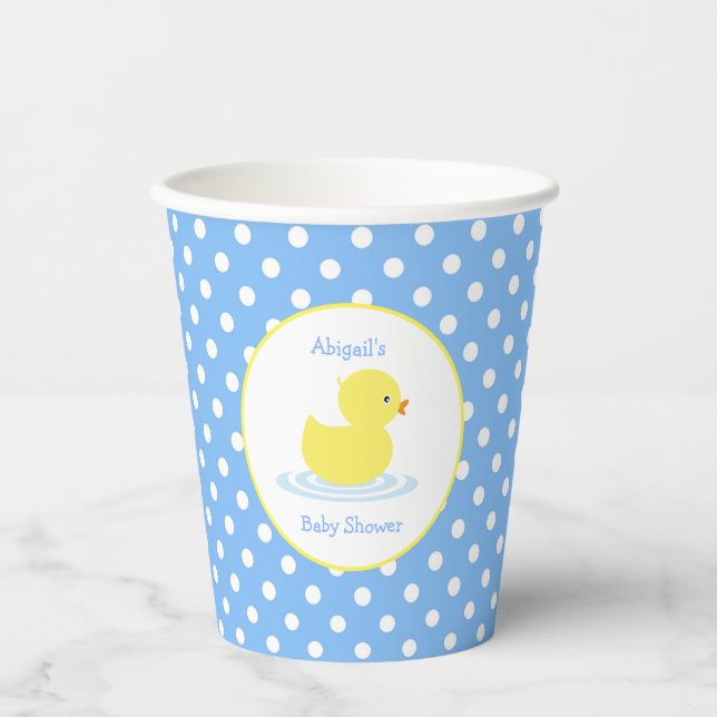Blue and White Polka Dot Yellow Duck Baby Shower Paper Cups (Front)