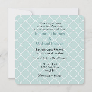 Blue and White Quatrefoil Pattern Wedding Invitation