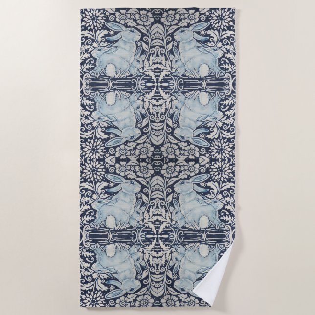 Blue and White Rabbit Bunny Floral Elegant Easter Beach Towel (Front)
