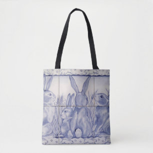 Blue and White Rabbit Bunny Tile Easter Spring Art Tote Bag