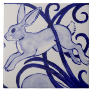 Blue and White Rabbit Ceramic Tile Art Deco 6"