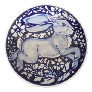 Blue and White Rabbit Drawer Door Pull Knob Dedham
