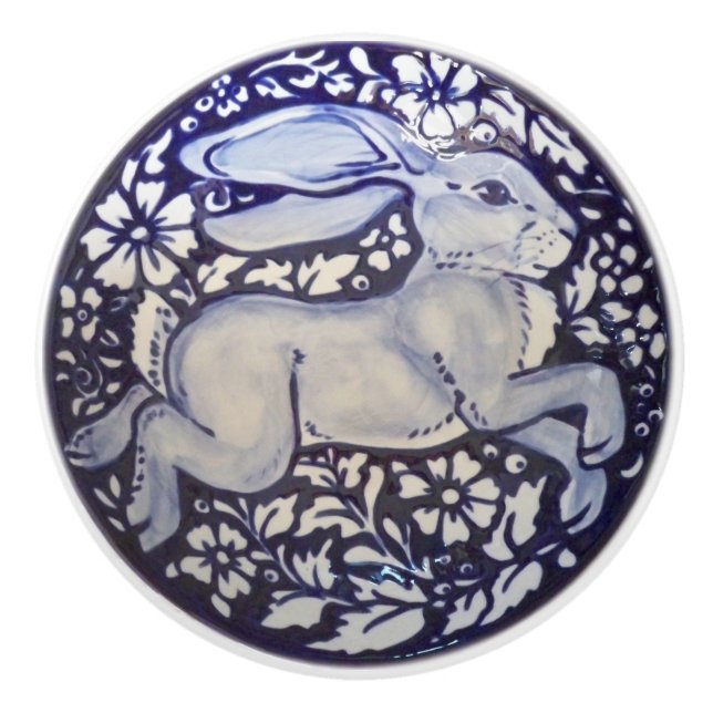 Blue and White Rabbit Drawer Door Pull Knob Dedham (Front)