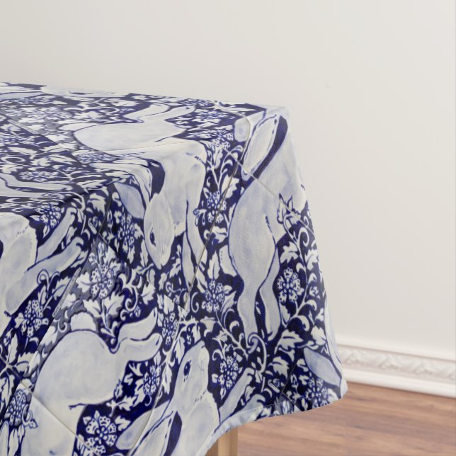 Blue and White Rabbit Floral Dedham Delft Tile  Tablecloth (In Situ)