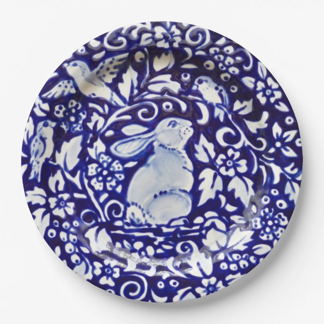 Blue and White Rabbit Floral Designer Paper Plates (Front)