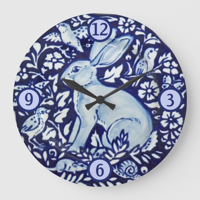 Blue and White Rabbit Hare Bird Insect Mouse Flora Large Clock (Front)