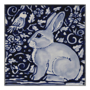 Blue and White Rabbit Poster China Dedham Tile Art