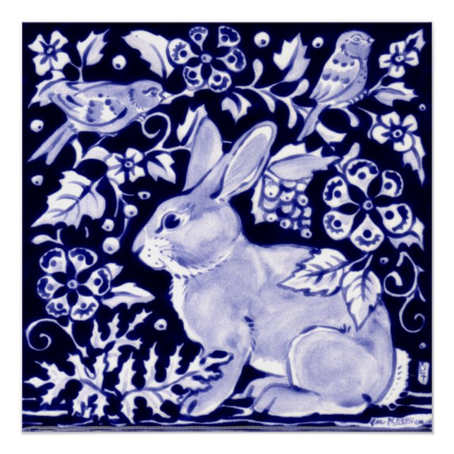 Blue and White Rabbit Poster Floral Dedham Indigo (Front)