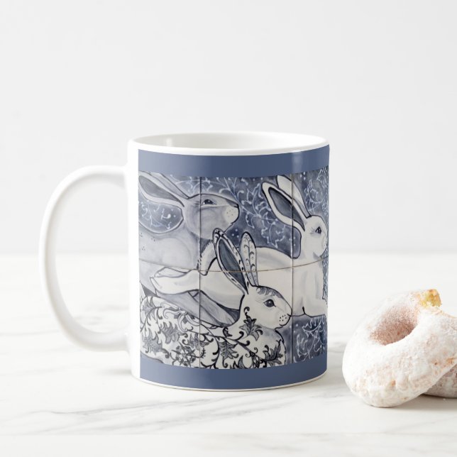 Blue and White Rabbit Tile Chinoiserie Bunny Art Coffee Mug (With Donut)