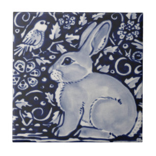 Blue and White Rabbit with Bird Tile Design