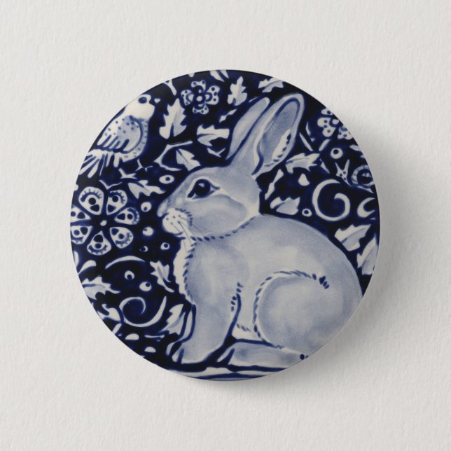 Blue and White Rabbit with Bird Tile Design 2 Inch Round Button (Front)