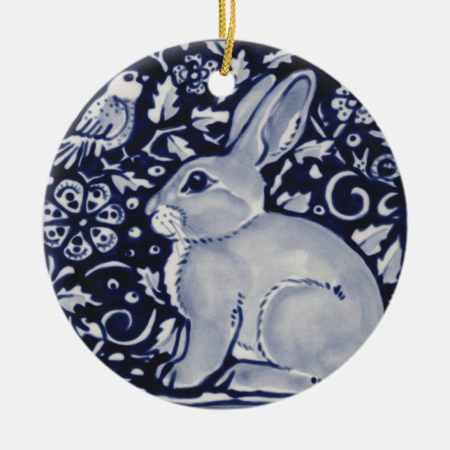 Blue and White Rabbit with Bird Tile Design Ceramic Ornament (Front)