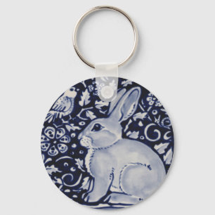 Blue and White Rabbit with Bird Tile Design Keychain