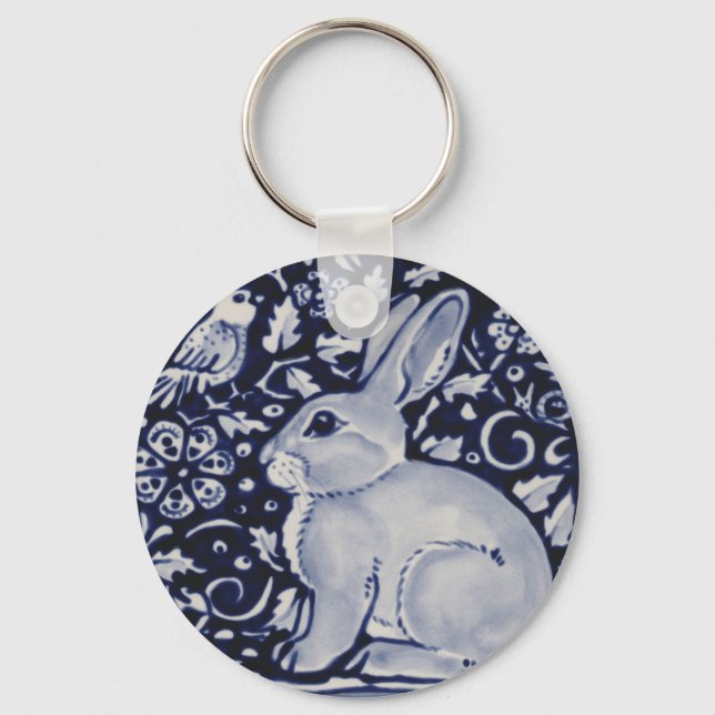 Blue and White Rabbit with Bird Tile Design Keychain (Front)