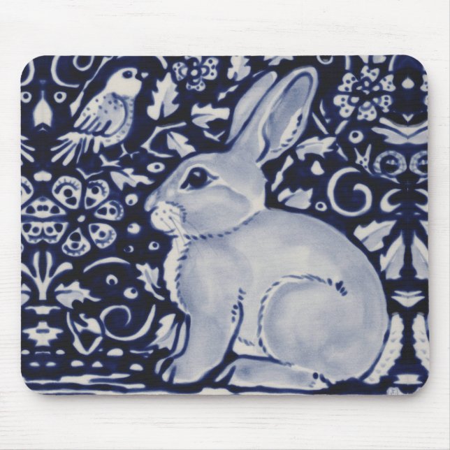 Blue and White Rabbit with Bird Tile Design Mouse  Mouse Pad (Front)