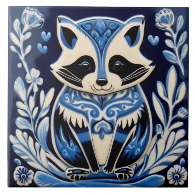 Blue and White Raccoon Folk Art Tile (Front)