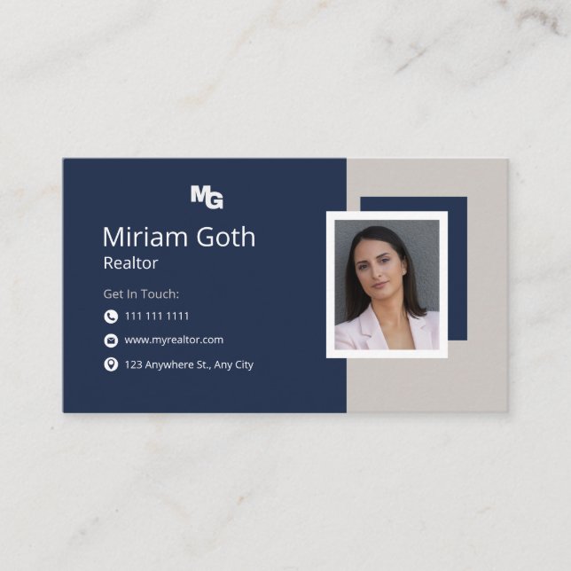 Blue and White Realtor Photo Design Business Card (Front)