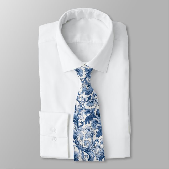 Blue and White Renaissance Acanthus Damask Tie (Tied)