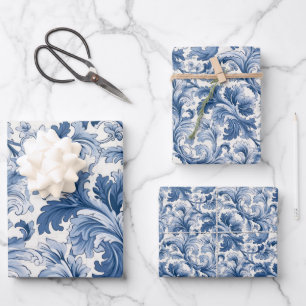 Blue and White Renaissance Acanthus Damask Wrapping Paper Sheet