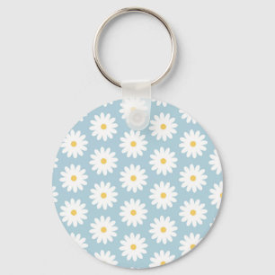 Blue and White Retro Vintage Daisy Pattern Keychain