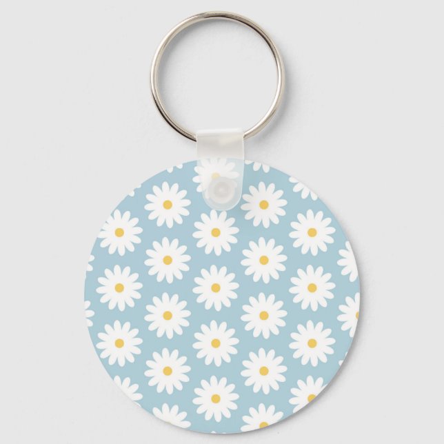 Blue and White Retro Vintage Daisy Pattern Keychain (Front)