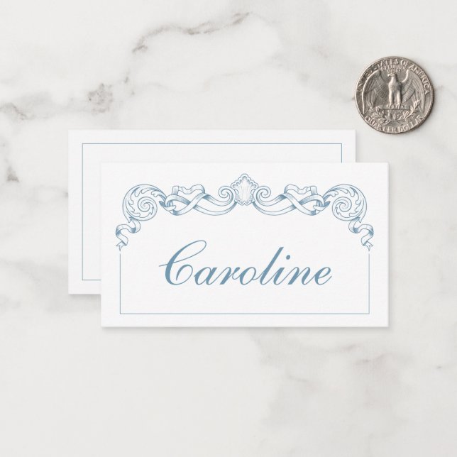 Blue and White Ribbon Crest Frame Personalized Card (Front/Back In Situ)