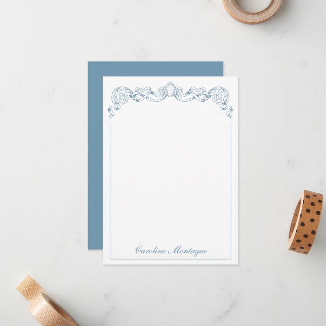 Blue and White Ribbon Crest Frame Personalized Card (Front/Back In Situ)
