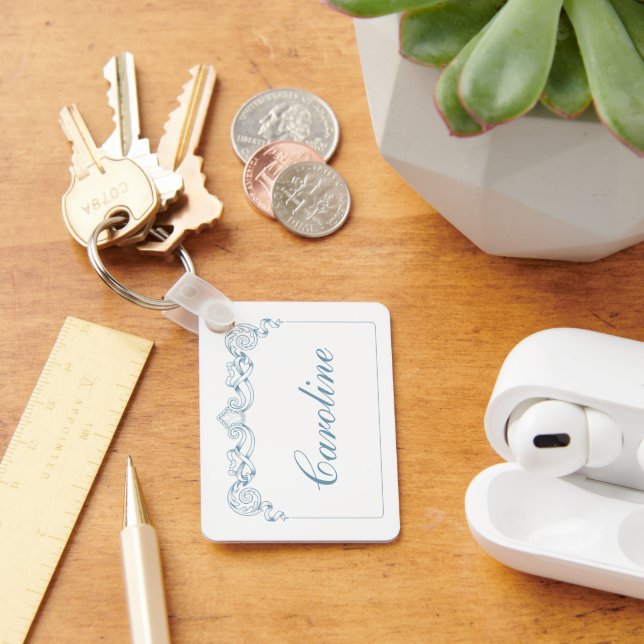 Blue and White Ribbon Crest Frame Personalized Keychain (Desk)